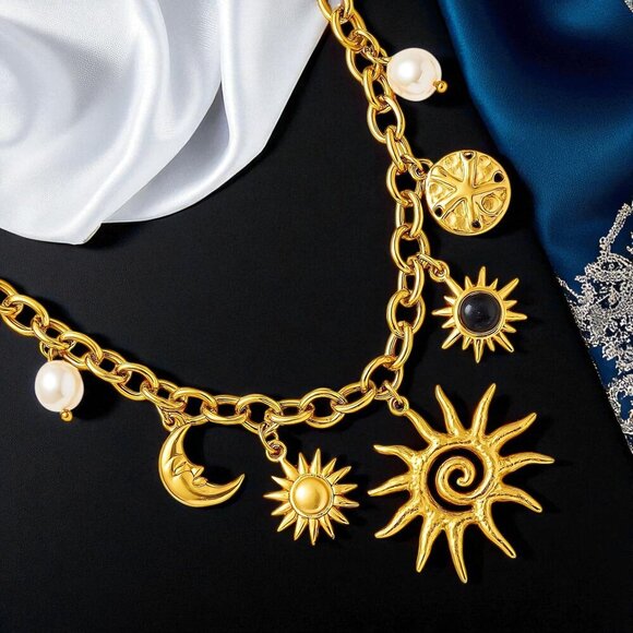 Boho Celestial 18K Gold Plated Sun Moon Charm Necklace 316L Stainless Steel - Picture 9 of 9